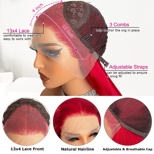 JPIKAQIU Red Wig Lace Front Wigs Red Hair Synthetic Lace Front Wigs for Fashion Women Long Straight Hair Glueless Lace Wigs 24 Inch