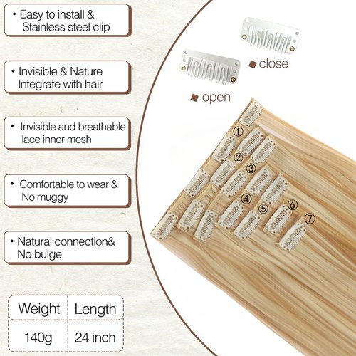 BOSHIZL Seamless Blond Clip in Hair Extensions for Women – 7 Pieces, 140g Premium Wig (US 24 Inch, Ash Blonde)