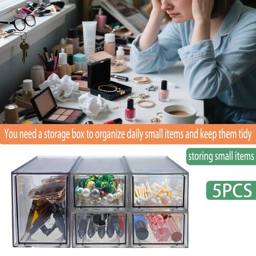 Stackable Storage Drawers Set of 5 Acrylic Storage Drawers Clear Plastic Stackable Organizer Bins for Makeup, Cosmetics,Beauty Supplies,Ideal for Vanity, Bathroom,Cabinet,Pantry Organization
