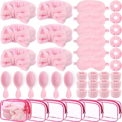 Daifunli 36 Pieces Pink Spa Sleepover Party Favors 6 Pink Spa Headband 6 Plush Sleep Eye Mask 6 Velvet Scrunchies 6 Wristband 6 Hair Brush 6 Clear Cosmetic Bags for Slumber Party Favor Gift