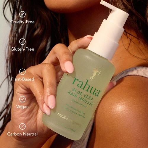 Rahua Aloe Vera Hair Mousse, Lightweight Volumizing Vegan Styling Foam for All Hair Types, Adds Texture, Lift & Shine, Alcohol Free Flexible Hold with Sugarcane & Guayusa Antioxidants, 5.5 Fl Oz