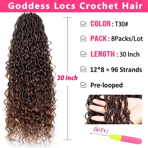 RuiYok 30 Inch Goddess Locs Crochet Hair 8 Packs Ombre Crochet Goddess locs Boho Hippie Locs Hair Faux Locs Crochet Hair with Curly Ends Pre-looped River Locs Crochet Hair for Black Women(T30#)