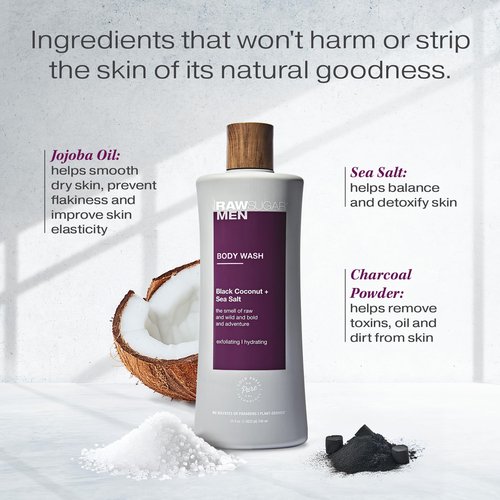 RAW SUGAR 3-Pack Body Wash Men - Black Coconut + Sea Salt Exfoliating and Hydrating Body Wash, Formulated without Parabens, Cruelty Free and Vegan
