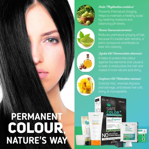 Vegetal Safe Color+ Organic Permanent Gel Hair Color, Soft Black 1.0, No Ammonia, Made with Natural Herbs, 100% Gray Coverage, 30-Day Color Lock 190 ml