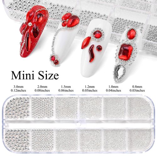 Silver Nail Charms Small Caviar Beads for Nails Art Metal Pearls Nail Beads Gems Mini Round Balls Charms for Nails Decorations with Nail Magnetic Pen & Tweezer