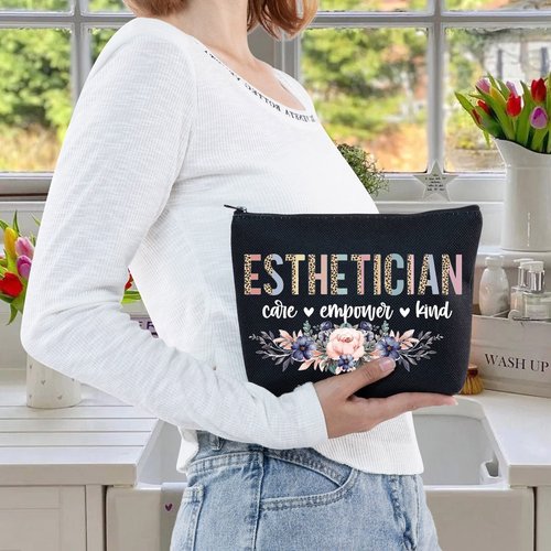 LEVLO Cosmetology Beautician Cosmetic Make Up Bag Dermatologist Gift Esthetician Care Empower Kind Makeup Zipper Pouch Bag For Esthetician Graduate (Esthetician Black)