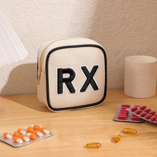 RSRSLEII 2Pcs Small Canvas Rx MEDS Medicine Packages, Cute Chenille Letter Patch Drug Makeup Bag with Metal Zipper, Mini Travel First Aid Purse Organizer Machine Washable (05RX and MEDS)