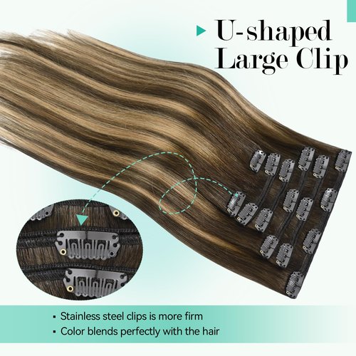 Ukira Balayage Clip in Hair Extensions Real Human Hair, 12 Inch 75g 4/27/4 Chocolate Brown to Caramel Blonde Ombre Human Hair Extensions, Natural Straight Remy Human Hair Clip ins for Women