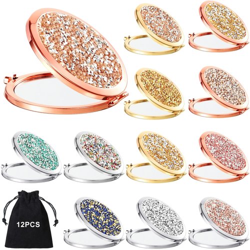 Cindeer 12 Pcs Small Compact Mirror Folding Pocket Makeup Round Hand Held Cosmetic Magnifying Compact Rhinestone Mirror with 1X/2X Magnification for Women Girls Travel (Blended Colors)