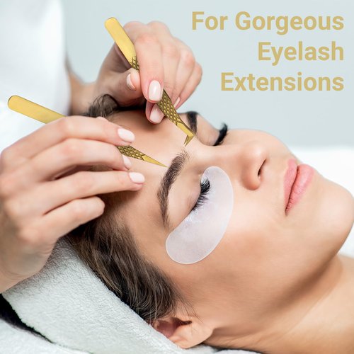 Lash Tweezers for Eyelash Extensions with Diamond Grip, Japanese Stainless Steel, Set of 3 - Great Precision for Classic, Volume & Mega Volume, Premium 45 Degree Curved Set for Women (Gold)