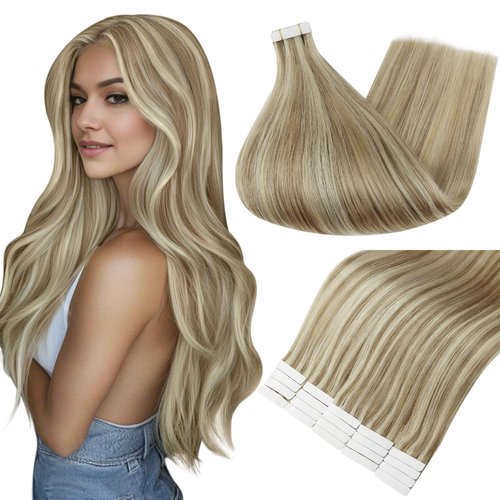 Full Shine Tape in Hair Extensions Human Hair 18 Inch Color 16 Highlight 22 Blonde Invisible Tape in Extensions 50 Grams Human Hair Extensions Tape Ins 20 Pieces for Wedding