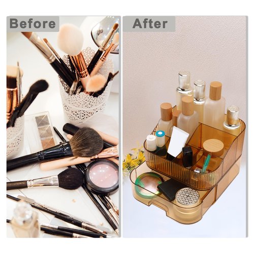 VOCOSTE 1 Set Makeup Organizer with Stackable Drawer, 7 Grids Makeup Organizer for Countertop Vanity, Skincare Organizers Cosmetic Display Cases, Amber Orange