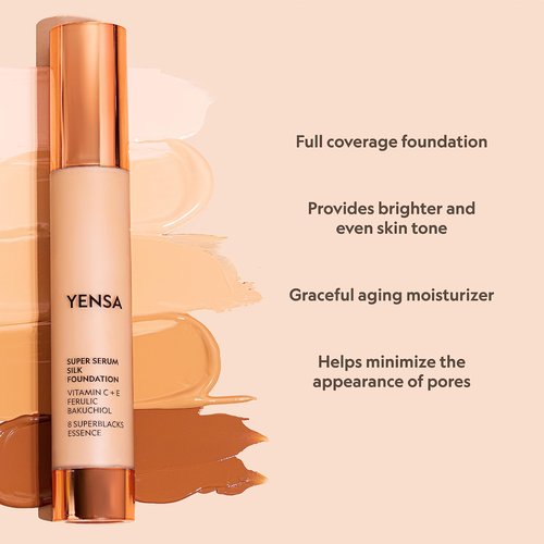 YENSA Serum Foundation Makeup - Super Silk Full Coverage Foundation Enriched with Peptides, Vitamin C & Ferulic Acid to Help Reduce Fine Lines, Wrinkles & Dark Circles - Tan 1 (1 oz)