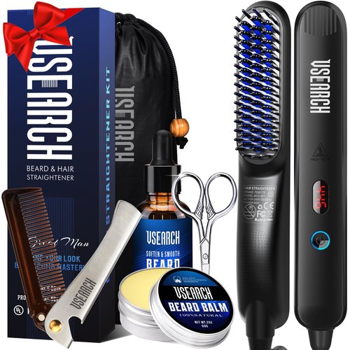 Heated Beard Straightener for Men - 5 Temperature Setting, Anti-scalding, Heated Beard Styling Comb, Beard Brush Grooming Kit, Amazing Gift for Father's Day, Anniversary & Birthday
