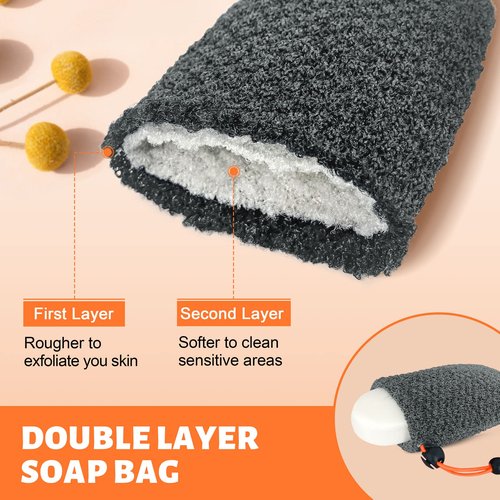 MIG4U Exfoliating Soap Bag for Shower 2 Pieces - Bar Soap Saver Pouch, Bamboo Body Scrubber Exfoliator Pocket in Travel Bathing, Grey, Double Layer