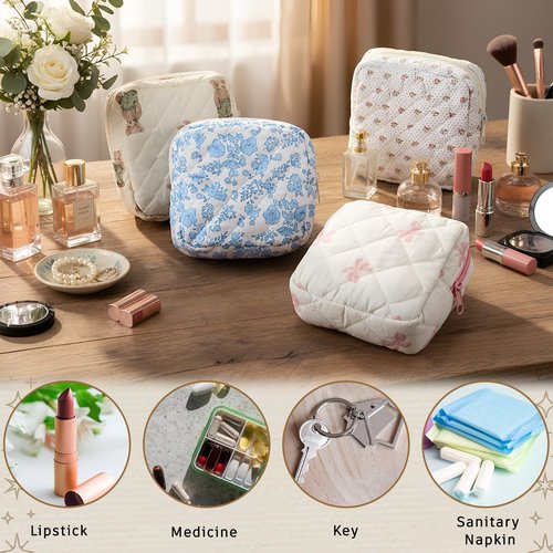 Weewooday 4 Pcs Small Quilted Makeup Bag Travel Cosmetic Makeup Bags Organizer Sanitary Napkin Storage Bag Floral Cotton Coquette Aesthetic Toiletry Bags for Women Girls(5x5x2inch,Novel)