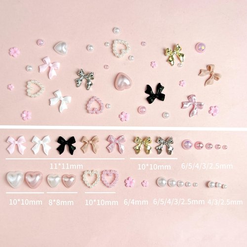 Gold Bow Nail Charms Kit, Cute Pink Flowers Bows 3D Nail Charms for Nails Decoration, White Flatback Pearls Heart Nail Art Jewels for Women Manicure DIY Crafts Accessories