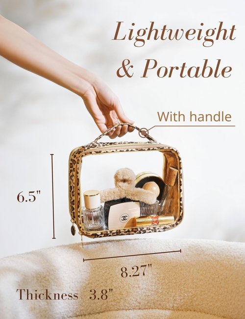 Yarnic Clear Leopard Travel Makeup Bag Transparent Cosmetic Pouch Portable Toiletry Bags Two Compartments Cosmetic Bag with Handle Nylon and PVC Make up Organizer Cheetah