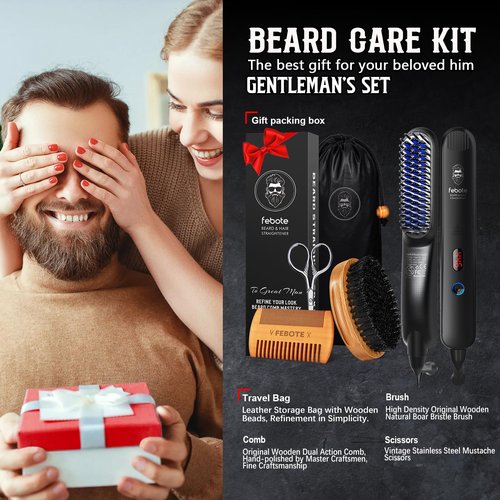 FEBOTE Innovation Beard&Hair Straightener for Men w/Natural Boar Bristle Brush, Pear Wood Comb, Mustache Scissors and Travel Bag, Professional Beard Care Set for Him, Men's Fashion and Grooming Gifts