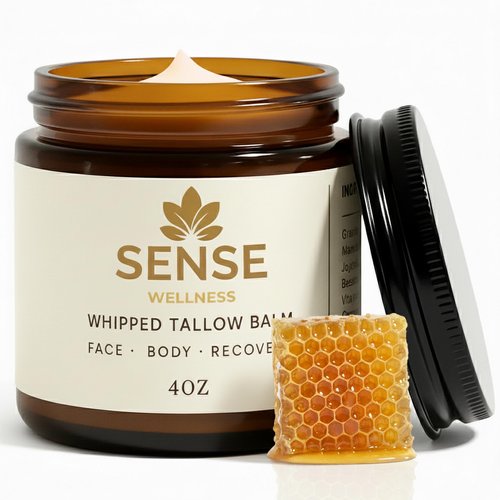 Sense Wellness Whipped Tallow Balm with Manuka Honey & Jojoba – Grass-Fed Beef Tallow for Face & Body – Non-Greasy Daily Moisturizer for Dry, Sensitive Skin – Unscented, Veteran Owned (4oz)