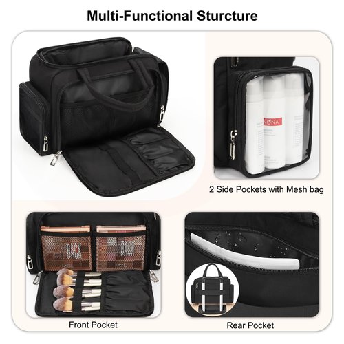 WGEAR Travel Toiletry Bag for Women, Lightweight Wide-open Toiletries Travel Bag with Handle, Large Cosmetic Organizer with Makeup Brushes Compartment for Essentials for Trip, Camping - Black