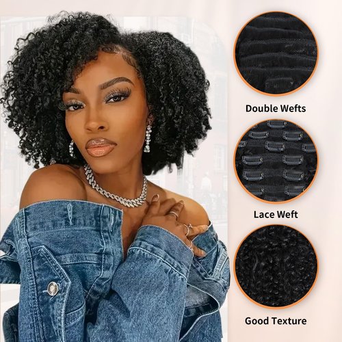 Kinky Curly Clip ins Human Hair 3C 4A Curly Clip in Hair Extensions for Black Women 8Pcs with 20Clips 120g/set 10A Brazilian Human Hair Natural Black 16 Inch