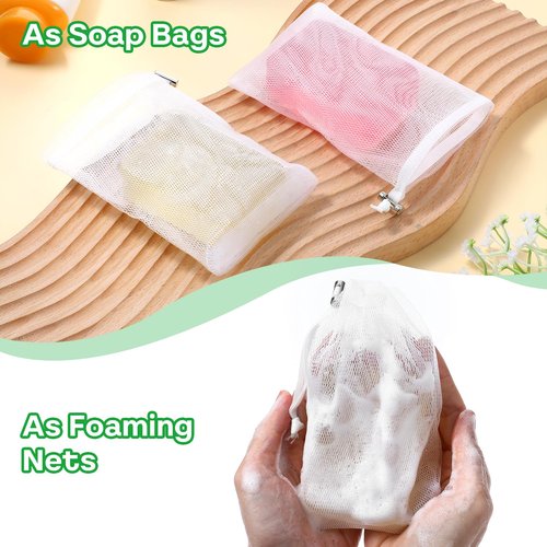 6 PCS Exfoliating Mesh Soap Pouch Soft Soap Bag with Drawstring for Shower Double Layer Thicken Foam Net Bubble Foam Net Soap Sack Saver Pouch, White