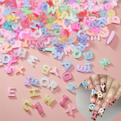 300Pcs Letter Nail Art Charms Random Candy Color Letter Resin Nail Rhinestones Kawaii Mini Flatback Alphabet Nail Gems with Aurora Glitter Design Nail Art Accessories for DIY Craft Nail Supplies