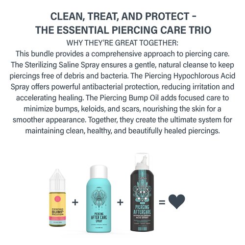 Piercing Aftercare Kit – Piercing Bump Oil, Sterilizing Saline Spray, and Hypochlorous Acid Spray | Cleanse, Treat, and Heal Piercing Bumps, Keloids, and Scars