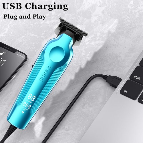 KEMEI Hair Trimmer and Foil Shaver for Men, Cordless Hair Clippers Beard Trimmer with T Blade, Waterproof Razor Shaver, Rechargeable Barber Clippers with LED Display, KM-264 Blue, KM-2024