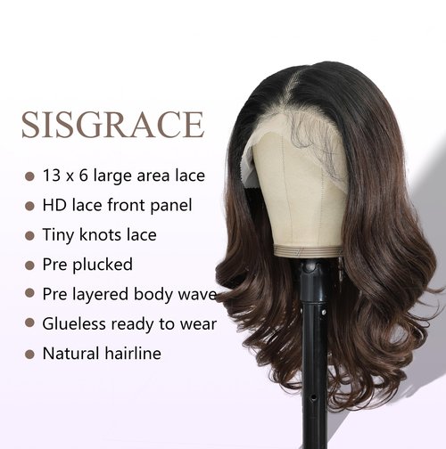 SISgrace Natural Black Ombre Brown 13×6 HD Lace Front Wigs Synthetic Glueless Pre Layered Body Wave Wigs for Women Pre Plucked 18 Inch Tiny Knots Lace Natural Hairline Bob Wigs