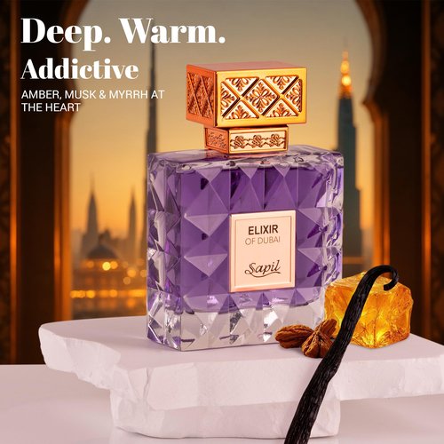 Sapil Elixir of Dubai Unisex Eau de Parfum – Long-Lasting Dubai Perfume with Amber, Vanilla, Musk, Cardamom, Bergamot & Lavender – Arabic Luxury Fragrance for Men & Women – 3.38 oz