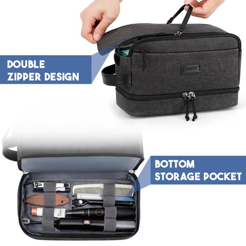 ZOMFELT Travel Toiletry Bag for Men, Canvas Hanging Toiletry Bag Shaving Dopp Kit Water Resistant Bathroom Shower Bag with Double Layer, Makeup Cosmetic Hygiene Bag for Toiletries Accessories, Black