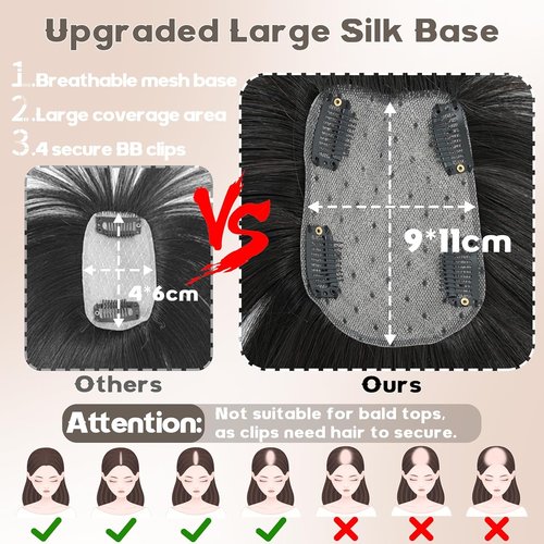BUPPLER Hair Toppers for Women Real Human Hair-U Shape Toppers Hair Pieces for Women with Thinning Hairr 150% Density Silk Base Clip in Human Topper with Bangs for Daily Use(Brown Black-1B