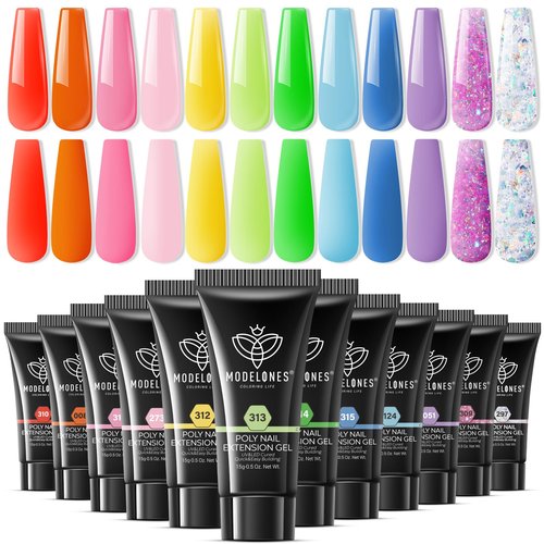 modelones Poly Gel Kit 12 Colors Rainbow Summer Bright Neon Poly Nail Extension Set Candy Red Yellow Builder Nail Gel Art Design Salon Professional Technician Tool Beauty Gifts for Women