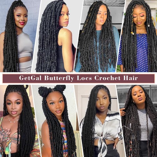 GetGal 30 Inch 6 Packs Butterfly Locs Crochet Hair Soft Distressed Locs Crochet Hair for Black Women Pre Looped Long Butterfly Faux Locs Natural Braids Hair Extension(30inch,1B)