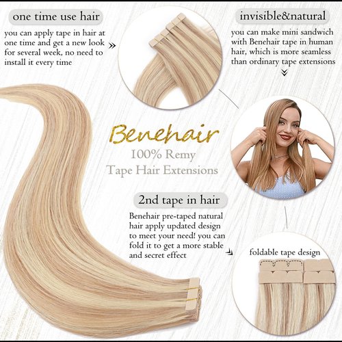 Benehair Tape in Hair Extensions Human Hair Balayage Ash Blonde Highlighted Bleach Blonde 20pcs 40g/pack Straight Hair Extensions Seamless Skin Weft Tape in Natural Hair (14", 18P613)