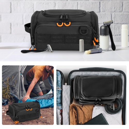 Prokva Tactical Toiletry Bag for Men, Hanging Hygiene Bag, Travel Dopp Kit Organizer for Shaving, Shower Essentials and Toiletries, Black (Empty Bag)