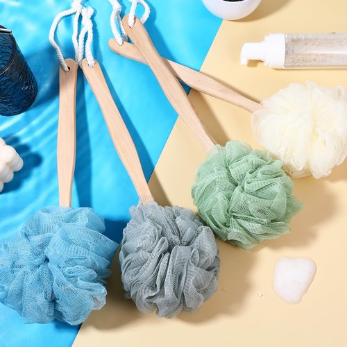 10 Pcs Large Bath Puff Loofah Sponge with Long Handle Shower Loofah, Loofah with Handle for Back, Spa Brush for Women and Men(4 Color)