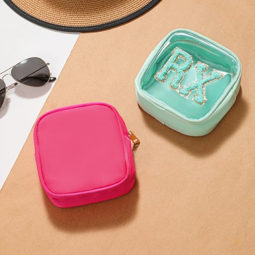 RSRSLEII 2Pcs Large Chenille Letter Clear Medicine Makeup Bag Set,Nylon PVC Waterproof Rx Meds Pouch with Metal Zipper, Cute Drug First Aid Travel Organizer for Women Girls(2pcs Mint)