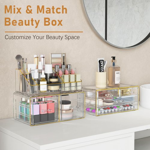 Delamu 3PCS Stackable Makeup Organizer, Cosmetic Organizer with 6 Drawers for Bathroom/Bedroom, Vanity Organizer for Lipstick Brush, Skincare, Perfume, Clear