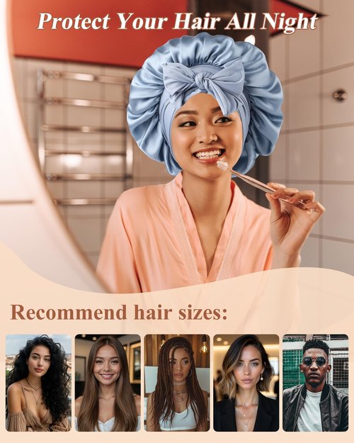 Silk Bonnet 100% Mulberry Hair Bonnet for Sleeping Women Hair Wrap with Elastic Band Sleep Night Cap(Blue)