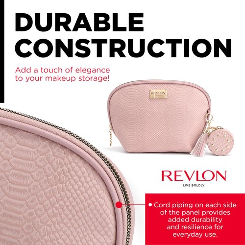 REVLON Croc Embossed Makeup Pouch, Small Makeup Pouch, Travel Makeup Organizer with Tassel & Mirror Keychain, Cosmetic Bag, Mini Makeup Case with Pockets, Gifts for Women, Ladies, or Teen Girls, Rose