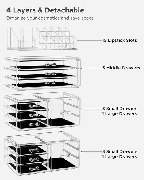 HBlife Acrylic Clear Dustproof Makeup Storage Organizer Drawers Large Skin Care Cosmetic Display Cases for Bathroom Stackable Storage Box with 11 Drawers for Vanity (Clear)