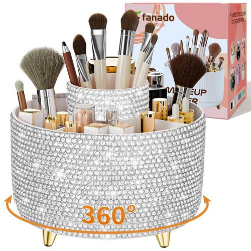 fanado Bling 360° Rotate Makeup Brush Holder Organizer, Makeup Organizers Countertop, Makeup organization and Skincare Storage for Vanity, Gift for Women Girls (Bling dz-White)