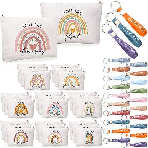 Fumete 60 Pcs Employee Appreciation Gifts Bulk 30 Inspirational Rainbow Canvas Makeup Bag 30 Motivational Keychains Cosmetic Bag Thank You Gifts for Vet Tech Week Nurse Assistant Volunteer Coworker