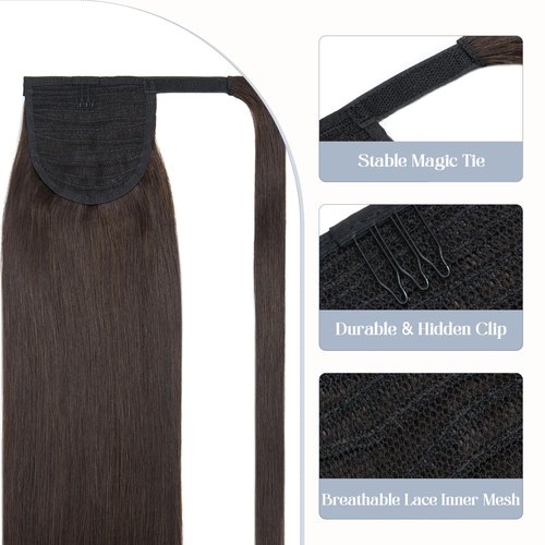Rich Choices Ponytail Extension 100% Real Human Hair Wrap Around Remy Ponytail Extension for Women Clip In Long Pony tail Extensions Straight 15 Inch #2 Dark Brown