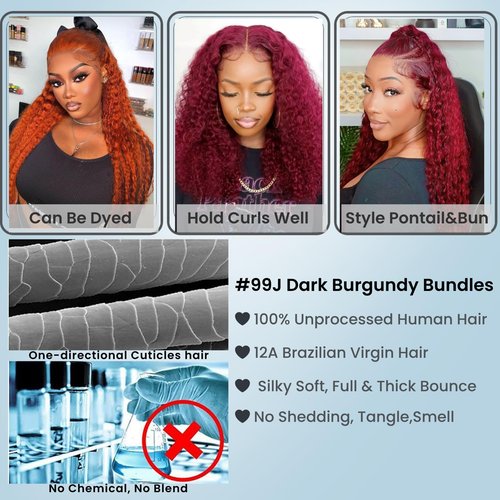 ALHER #99j Dark Burgundy Bundles Human Hair Water Wave, 12A Soft Thick Plum Cherry Wine Red Colored Wet n Wavy Single Bundle Salon-Grade 100% Unprocessed Virgin Hair Extensions Sew In Weft 12 Inch