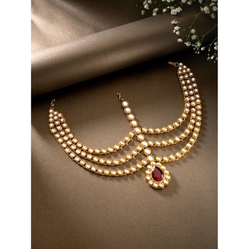 Aheli Indian Traditional Bollywood Faux Pearls Maang Tikka Matha Patti Gift for Women Jewelry Maroon