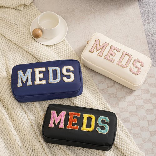 2Pcs Chenille Letter Patch Nylon Medicine Makeup Bag Set,Cute MEDS Travel Makeup Bag with Metal Zipper, First Aid Purse Organizer Cosmetic Bag for Women and Girls(Beige MEDS-RX)